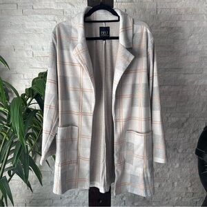 Boom Boom Jeans Plaid Grey Tan Blazer Open Front Jacket Size L New with Tags